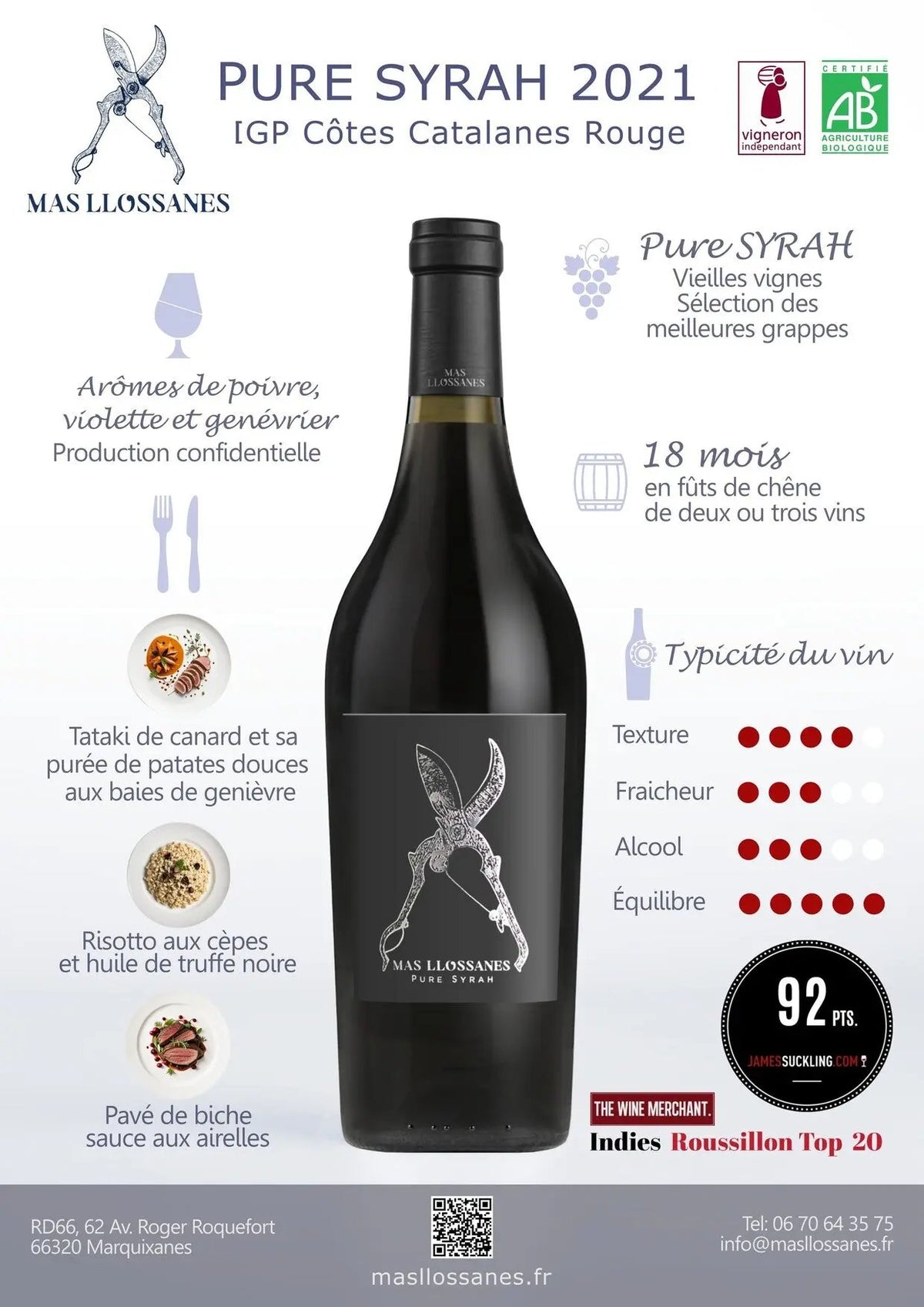 PURE SYRAH 2021 Vin Rouge d'altitude bio & biodynamique - Domaine Mas Llossanes